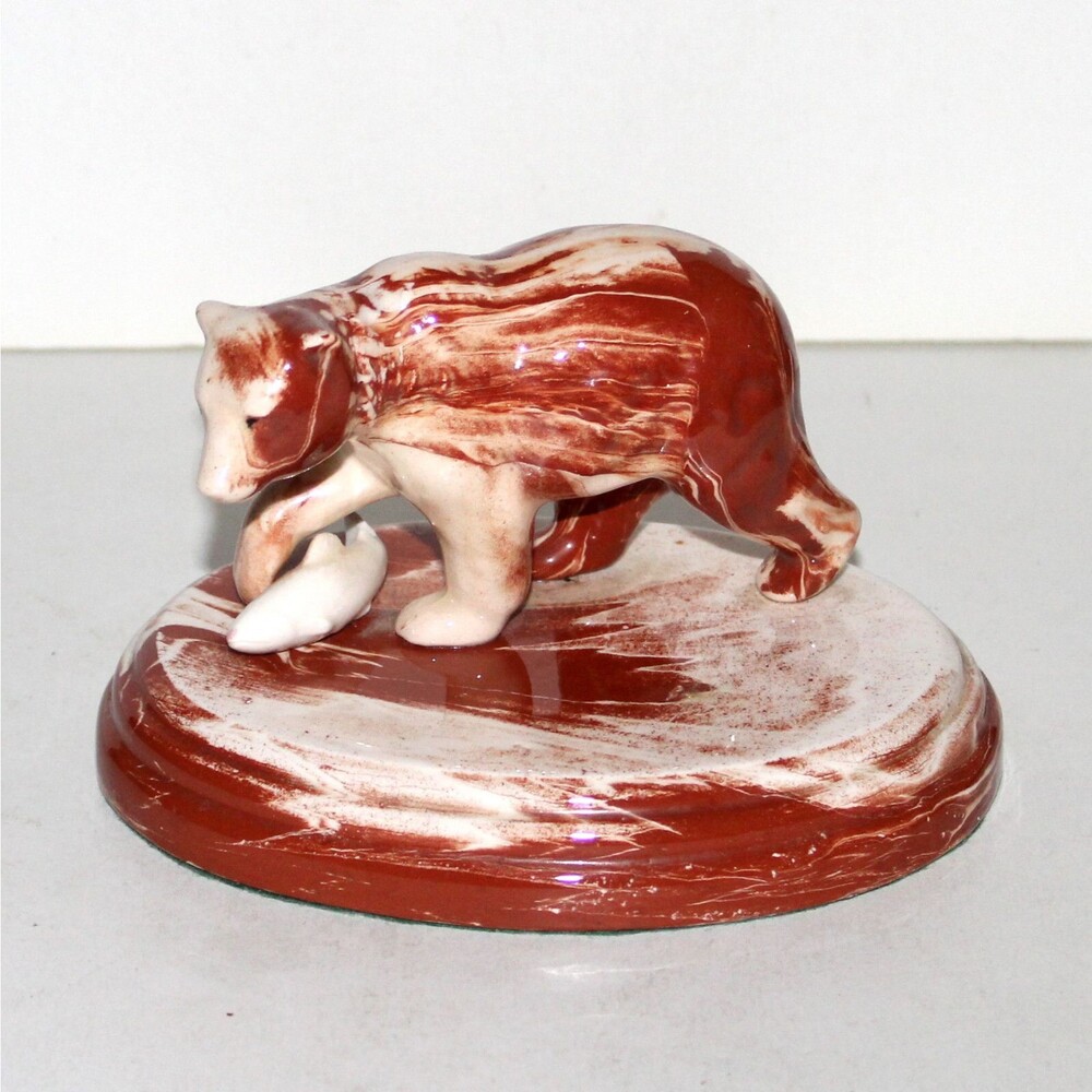 Vintage Alaska Native Clay Figure 1980 Bear with Fish signed ceramic handmade